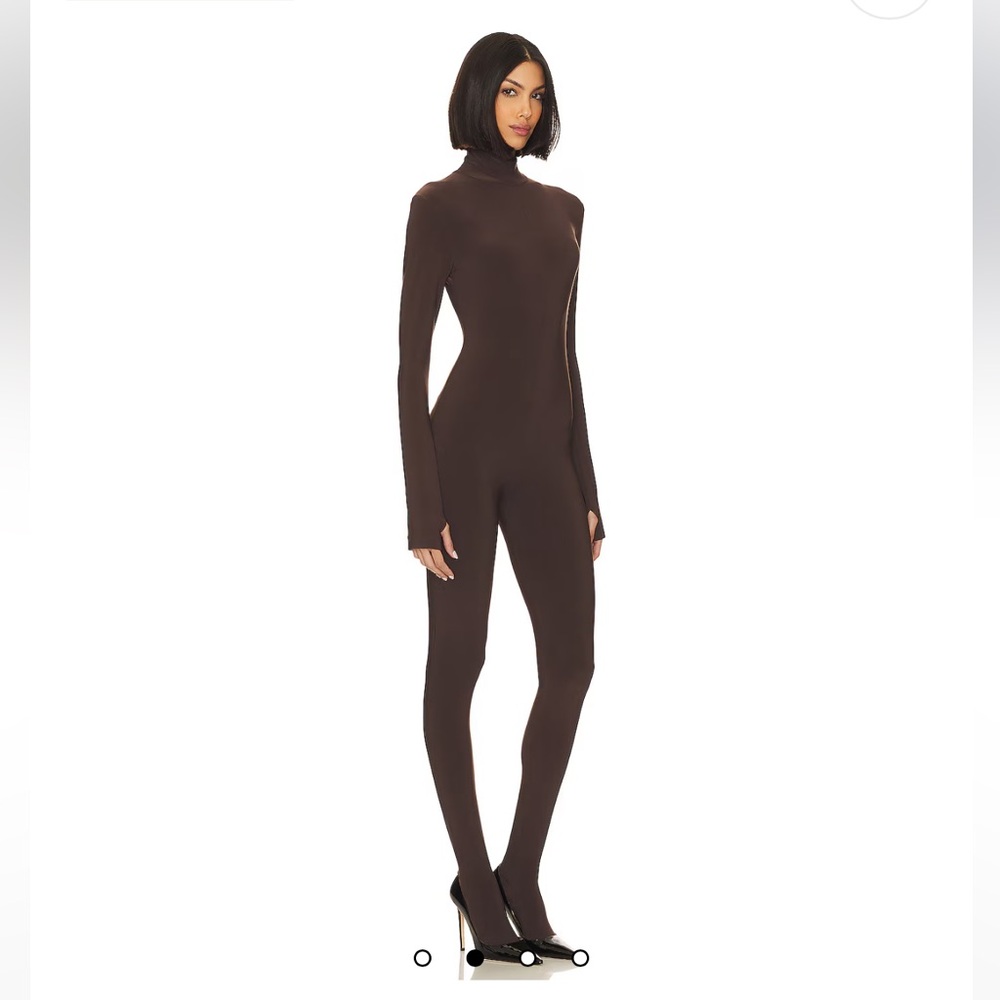 Norma Kamali Slim Fit Turtle Catsuit With Footsie in Chocolate. Great condition